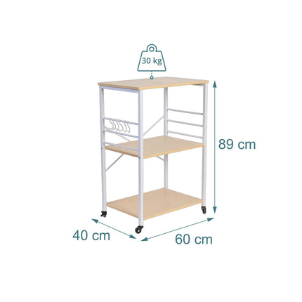 Kitchen Cart – 3-Tier Rolling, 3 Shelves, 6 S-Hooks