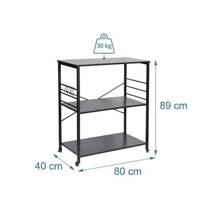 Kitchen Cart, 3-Tier Rolling Trolley With S-Hooks