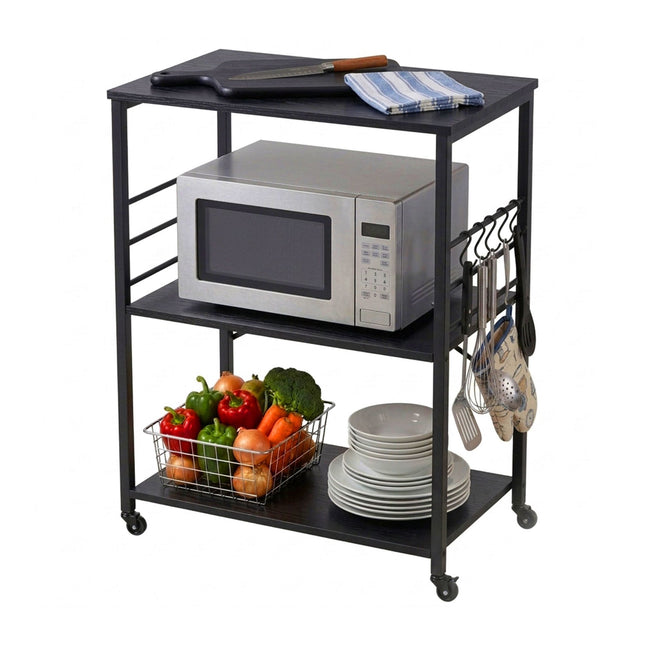 Kitchen Cart, 3-Tier Rolling Trolley With S-Hooks