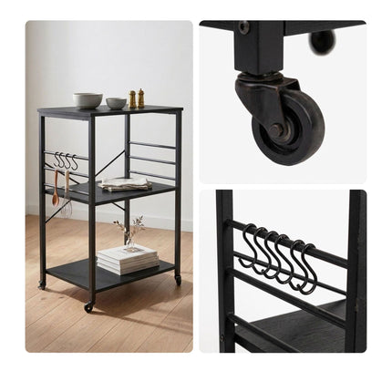 Kitchen Cart, 3-Tier Rolling Trolley With S-Hooks