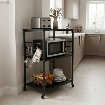 Kitchen Cart, 3-Tier Rolling Trolley With S-Hooks