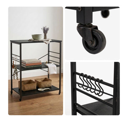 Kitchen Cart, 3-Tier Rolling Trolley With S-Hooks