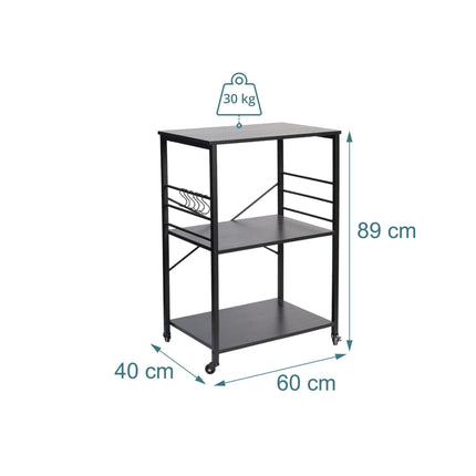 Kitchen Cart, 3-Tier Rolling Trolley With S-Hooks
