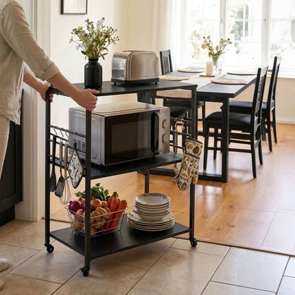 Kitchen Cart, 3-Tier Rolling Trolley With S-Hooks