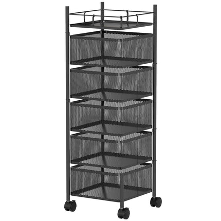 Kitchen Cart, 5 Rotating Baskets, Metal Frame, Black