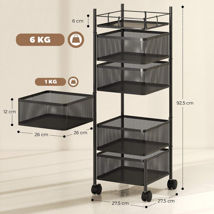 Kitchen Cart, 5 Rotating Baskets, Metal Frame, Black