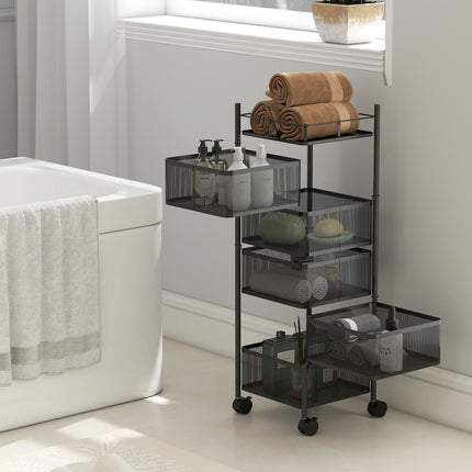 Kitchen Cart, 5 Rotating Baskets, Metal Frame, Black