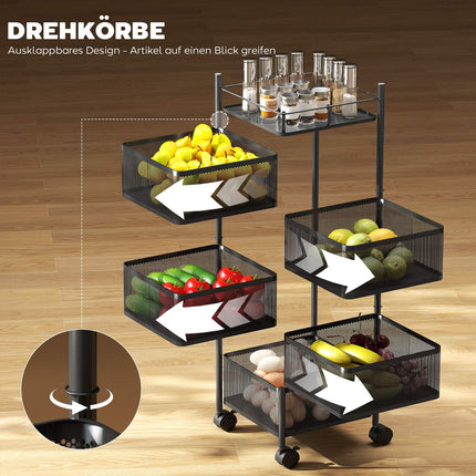 Kitchen Cart, 5 Rotating Baskets, Metal Frame, Black
