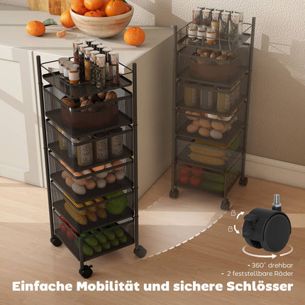 Kitchen Cart, 5 Rotating Baskets, Metal Frame, Black