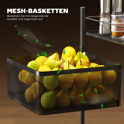 Kitchen Cart, 5 Rotating Baskets, Metal Frame, Black