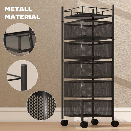 Kitchen Cart, 5 Rotating Baskets, Metal Frame, Black