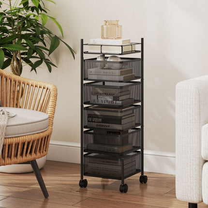 Kitchen Cart, 5 Rotating Baskets, Metal Frame, Black