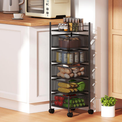 Kitchen Cart, 5 Rotating Baskets, Metal Frame, Black