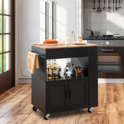 Kitchen Cart with Countertop, Drawer, Towel Rack – Black