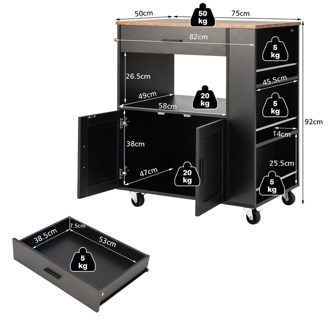 Kitchen Cart with Countertop, Drawer, Towel Rack – Black