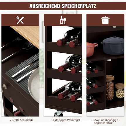 Kitchen Cart with Drawer, 3-Tier Wine Rack, Wood Top