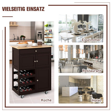 Kitchen Cart with Drawer, 3-Tier Wine Rack, Wood Top