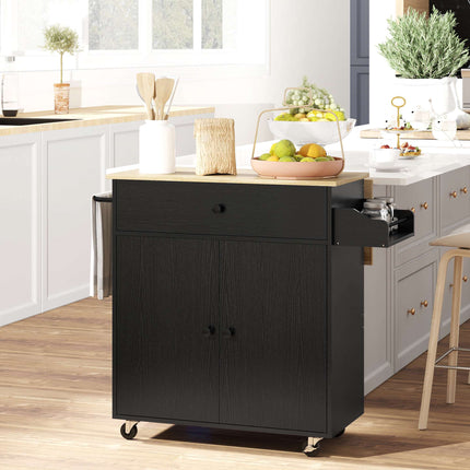 Kitchen Cart with Drawer, Cabinet, Towel Rack, Black/Oak