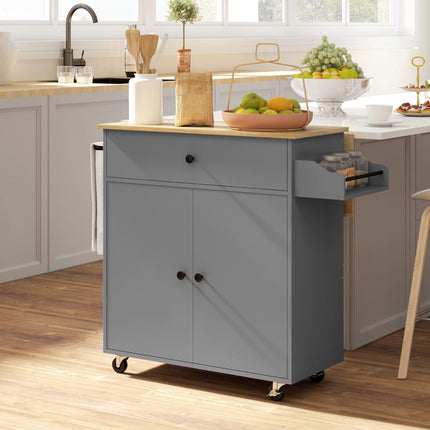 Kitchen Cart with Drawer, Cabinet, Towel Rack, Grey/Oak