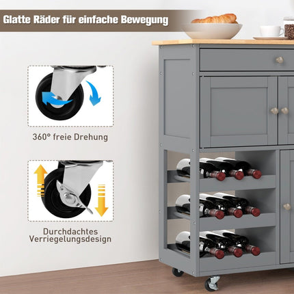 Kitchen Cart with Drawers & 3-Tier Wine Rack, Gray