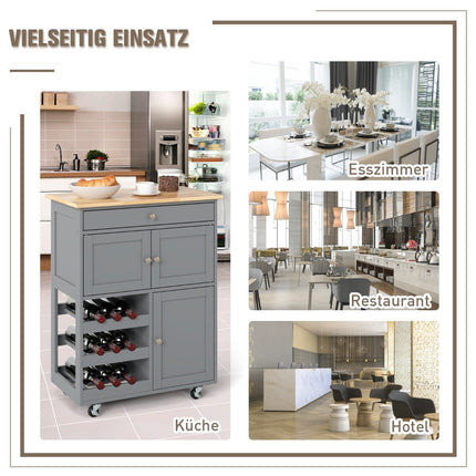 Kitchen Cart with Drawers & 3-Tier Wine Rack, Gray