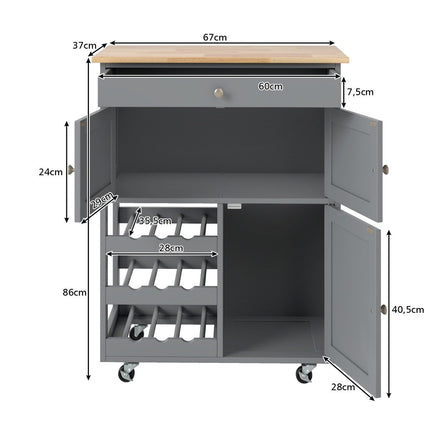 Kitchen Cart with Drawers & 3-Tier Wine Rack, Gray
