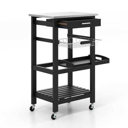 Kitchen Cart with Stainless Steel Top, Black, 47x39x85 cm