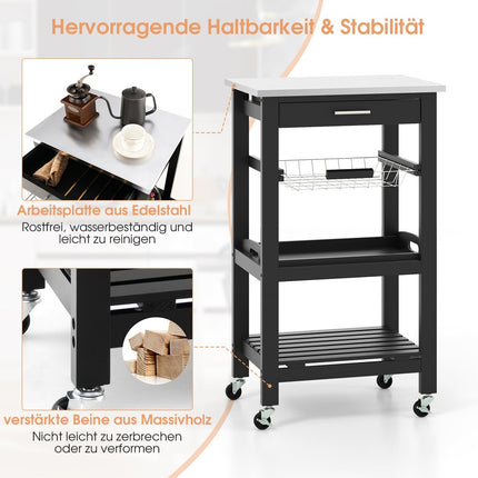 Kitchen Cart with Stainless Steel Top, Black, 47x39x85 cm