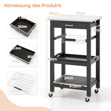Kitchen Cart with Stainless Steel Top, Black, 47x39x85 cm