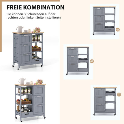 Kitchen Cart with Tray, Shelves & 3 Drawers – Grey