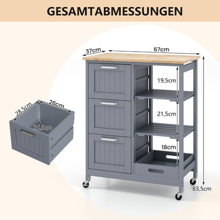 Kitchen Cart with Tray, Shelves & 3 Drawers – Grey