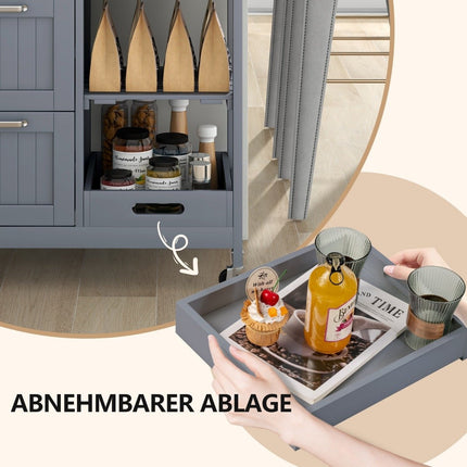 Kitchen Cart with Tray, Shelves & 3 Drawers – Grey