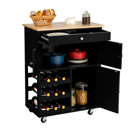 Kitchen Cart with Wood Top, Drawer, Black, 67x37x86.5 cm