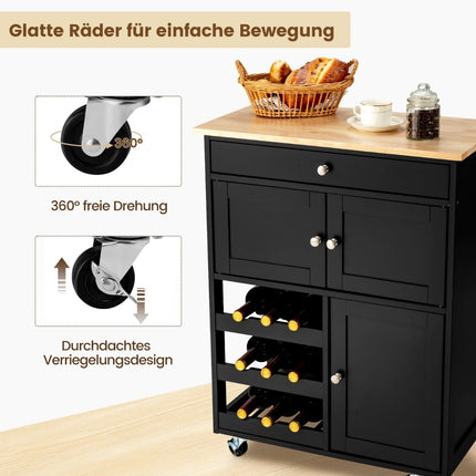 Kitchen Cart with Wood Top, Drawer, Black, 67x37x86.5 cm