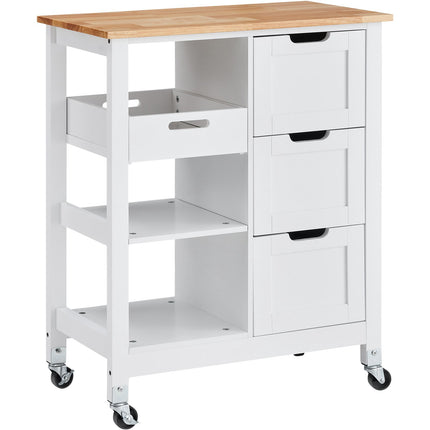 Kitchen Island Cart, 26-Inch Wood Top, 3 Drawers, White