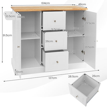 Kitchen Island Cart, 2-Door, 3-Drawer, White