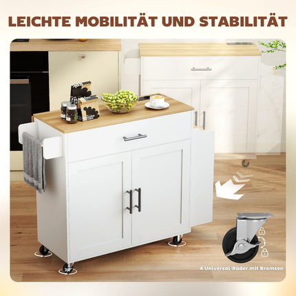 Kitchen Island Cart, Rolling, Drop-Leaf, Drawer, 120x68x85 cm, White