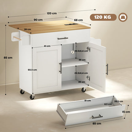 Kitchen Island Cart, Rolling, Drop-Leaf, Drawer, 120x68x85 cm, White