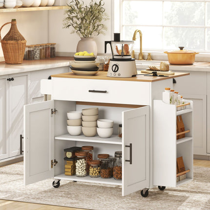 Kitchen Island Cart, Rolling, Drop-Leaf, Drawer, 120x68x85 cm, White