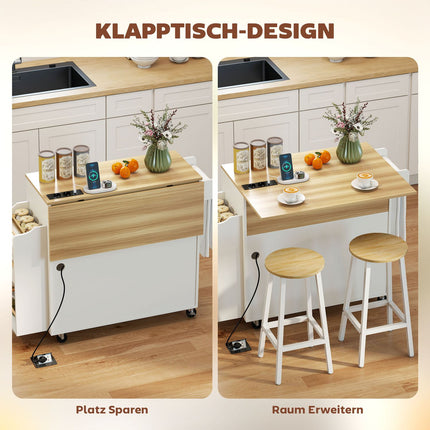 Kitchen Island Cart, Rolling, Drop-Leaf, Drawer, 120x68x85 cm, White