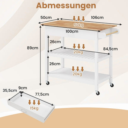Kitchen Island Cart with Drawer & Shelves – White, Wood Top