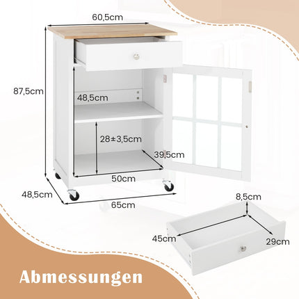 Kitchen Island Cart with Wood Top & Glass Door