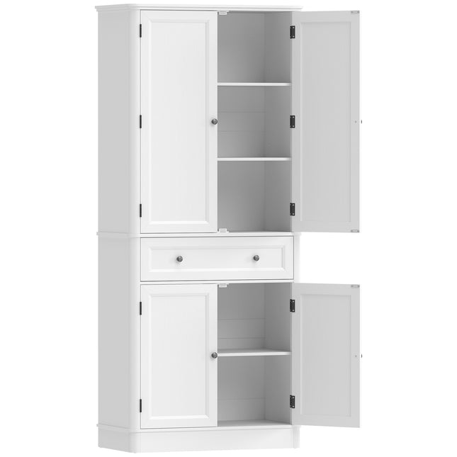 Kitchen Pantry Cabinet, 4 Doors, Drawer, Adjustable Shelves, White