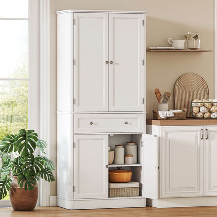 Kitchen Pantry Cabinet, 4 Doors, Drawer, Adjustable Shelves, White