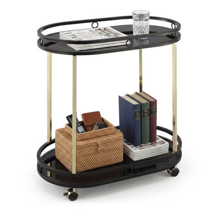 Kitchen Serving Trolley, 2 Glass Shelves, Black/Gold