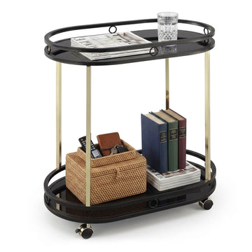 Kitchen Serving Trolley, 2 Glass Shelves, Black/Gold
