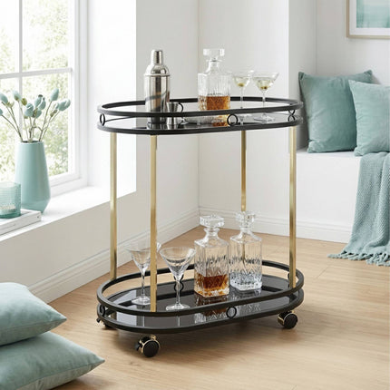 Kitchen Serving Trolley, 2 Glass Shelves, Black/Gold