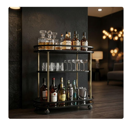 Kitchen Serving Trolley, 2 Glass Shelves, Black/Gold