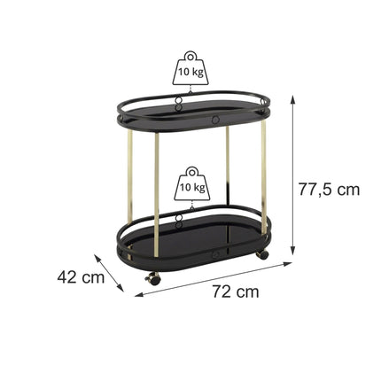 Kitchen Serving Trolley, 2 Glass Shelves, Black/Gold