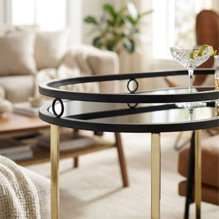 Kitchen Serving Trolley, 2 Glass Shelves, Black/Gold